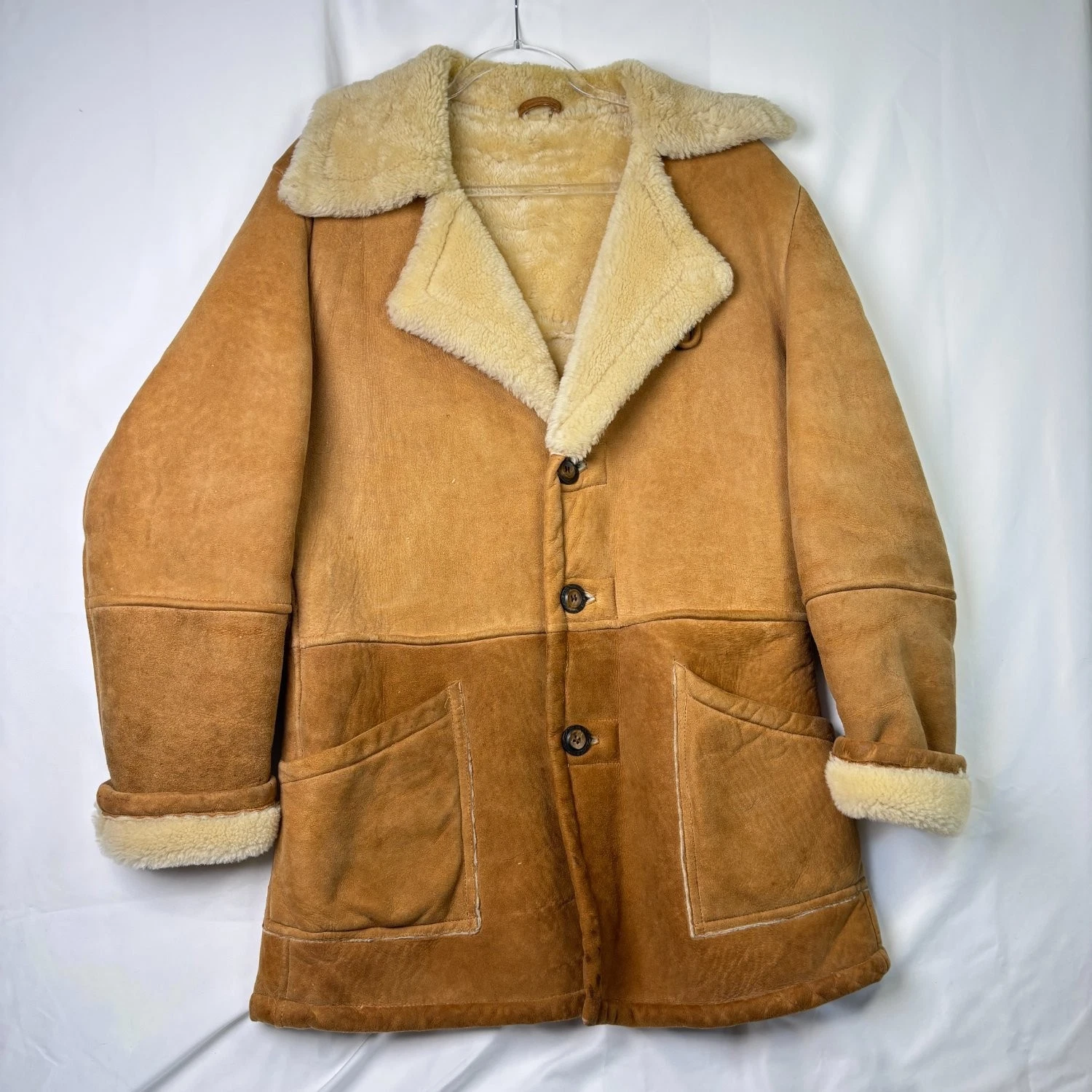 Vtg Ice Age Shearling Coat 70s Mens Medium Brown Suede Leather Rancher Jacket image 2