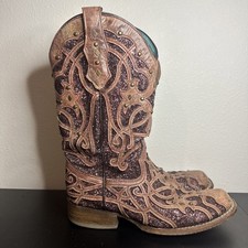 Corral Womens C3415 Brown Goat Leather 11in Studs Orix Glitter Cowboy Boots