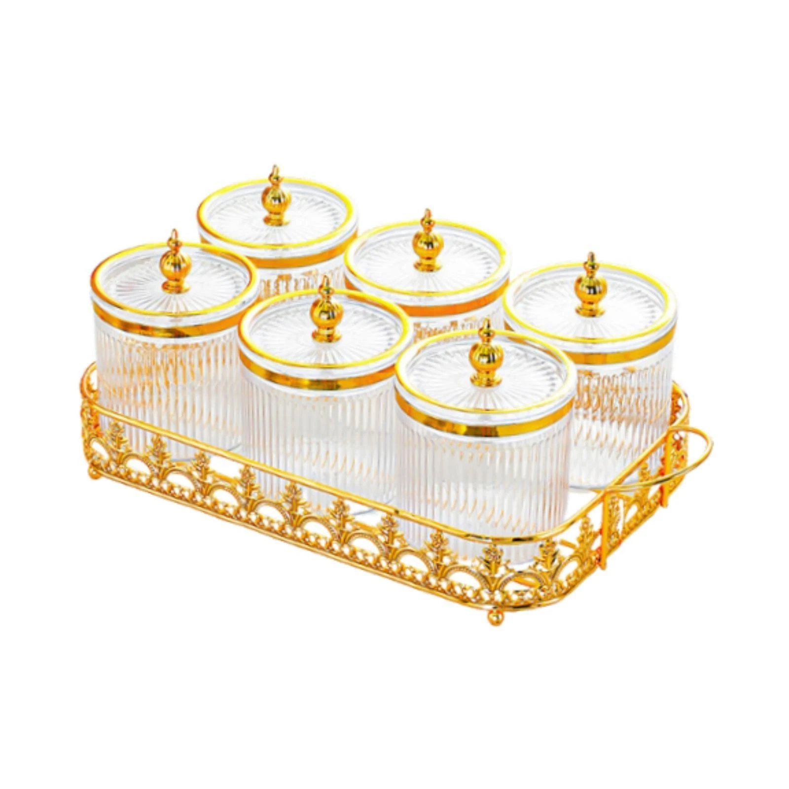 6Pcs Canisters with Handle Tray with Lids Transparent Gold Food Storage Jars