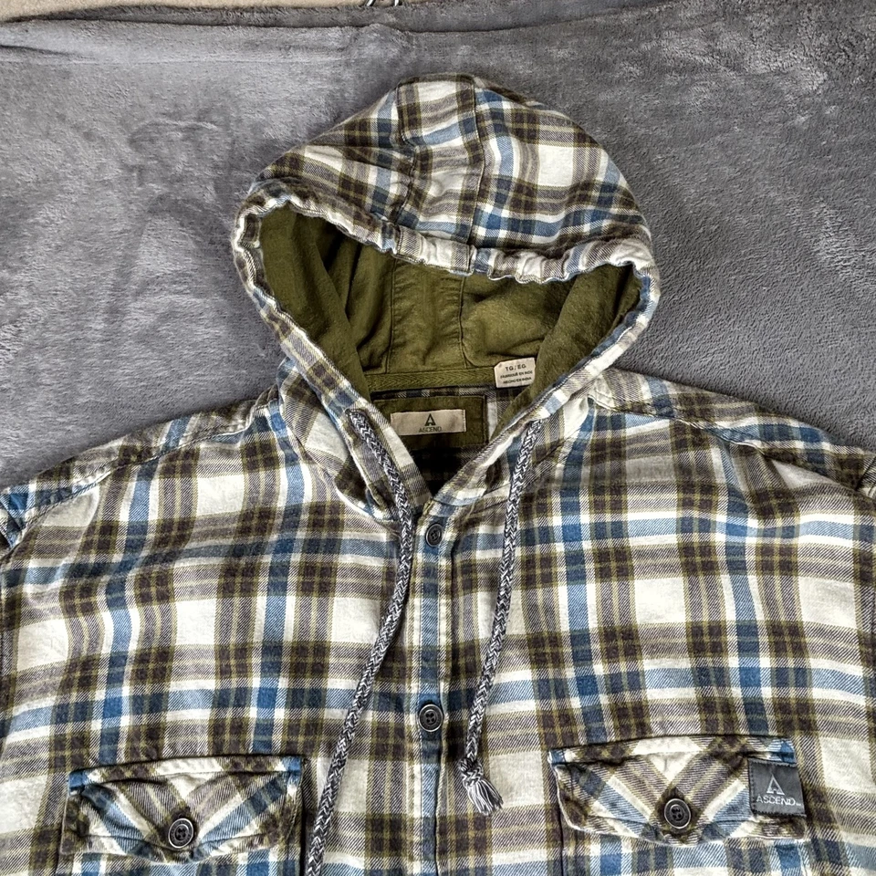 Camisa Ascend Para Hombres XL Verde Azul Cuadros Franela Con Capucha Botones Bolsillo Exterior Foto 2 de 4