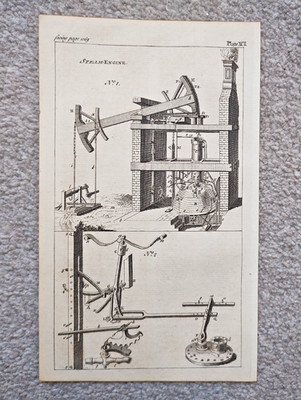 Beispiele Dampfmaschinen - antiker Druck - 1754