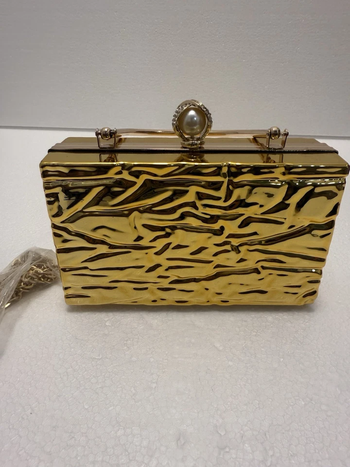 Metal Box Party Handbags for Women Evening Clutch Hand Pouch Shiny Gold Color - Image 2 of 4