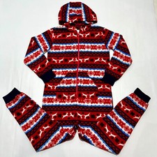 Nordstrom Pajamas Jumpsuit L 10/12 Red Fleece Christmas Long Sleeve Hooded