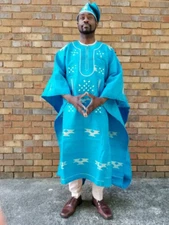 Kingly Turquoise and Cream Aso-Oke Agbada-DP3959