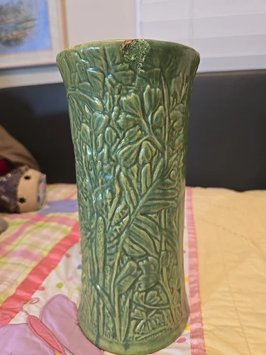 1920s Weller 10 In Tall Marvo Green Jungle Print- Palm Leaves- Has Chip-modified