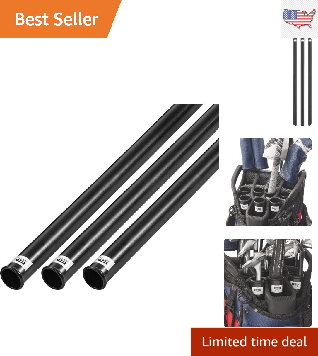 Durable Black Golf Club Tube Plastic, 3 Dividers, 3 Pockets, 1.25" x