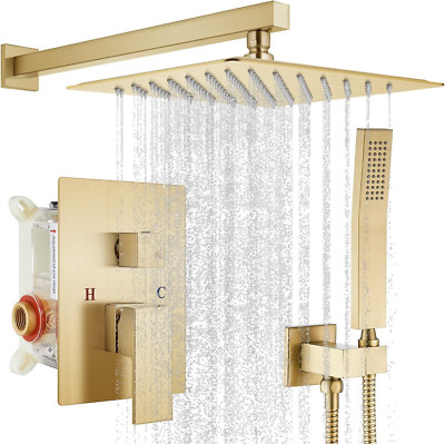 Brushed Gold Rainfall Shower System with 12'' Head & Solid Brass Mixer Valve
