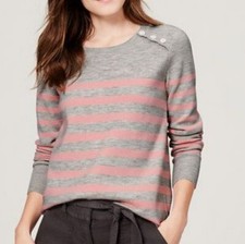 Loft Ann Taylor Womens Gray Striped Long Sleeve Shoulder Button Sweater