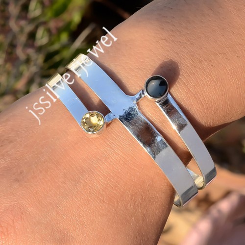Bracelet Manchette En Argent Sterling 925 Avec Onyx Noir - Fait Main, Réglable - Neuf Sans Emballage