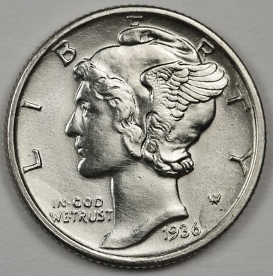 P. Mercury 親株 1936-p Mercury Dime. 100% Fully Separated Horizontal Bands. B.U.