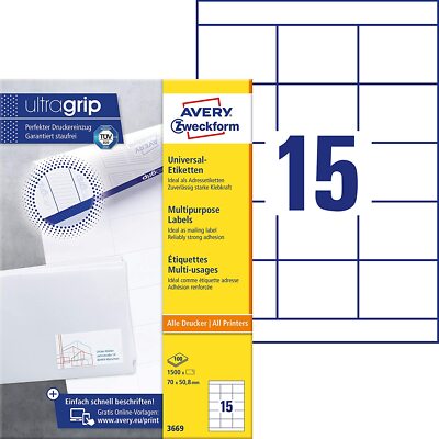 AVERY Zweckform 3669 Adressaufkleber (1.500 Klebeetiketten, 70x50,8mm auf A4, Pa