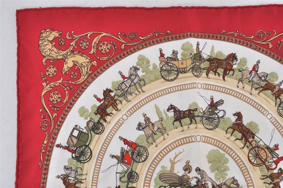 Auth HERMES Petit Carre 40 Scarf "LA PROMENADE DE LONGCHAMPS" Silk Red
