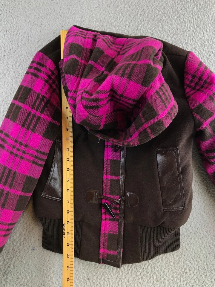 Chaqueta COOGI Mujer Pequeña Rosa Marrón A Cuadros Con Capucha Cremallera Palanca Abrigo Bordado Foto 3 de 4