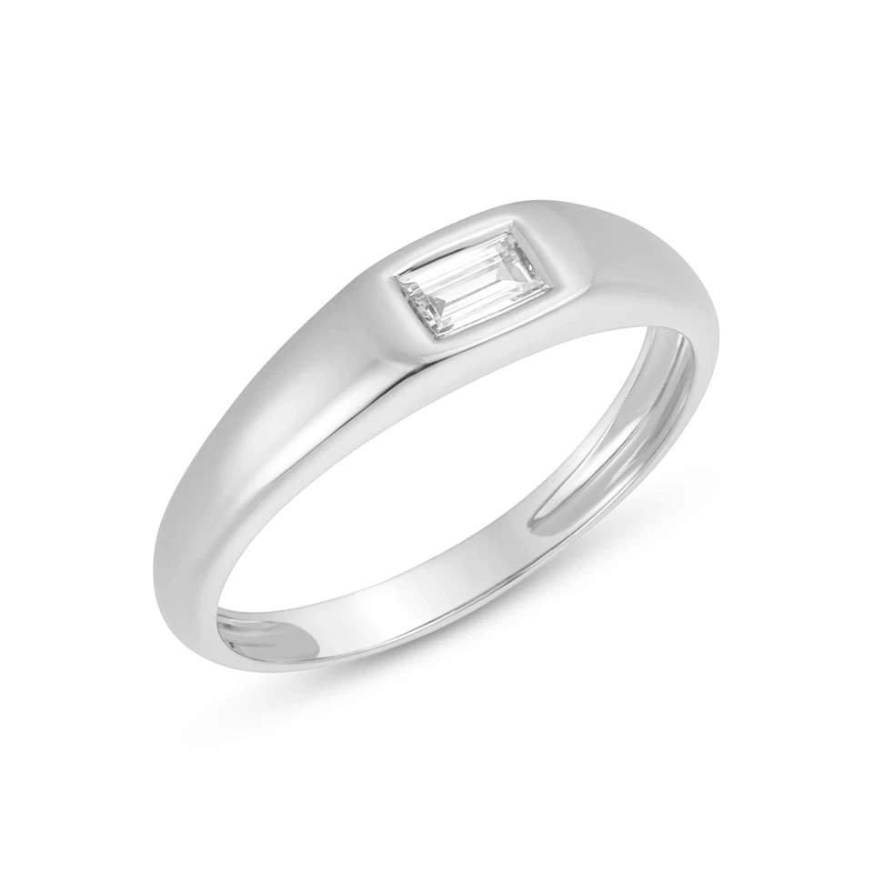 Anillo de sello de diamantes baguette de 0,18 quilates de oro blanco de 14 quilates anillo meñique de diamantes naturales Foto 4 de 4