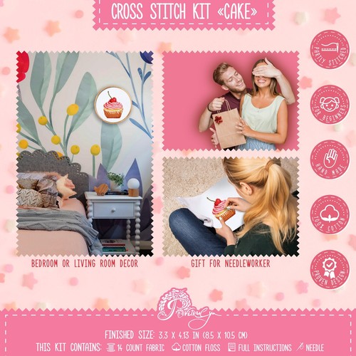 Kit de punto de cruz de comida cupcake de cereza - patrón fácil de contar con panecillo incluido - Imagen 6 de 9