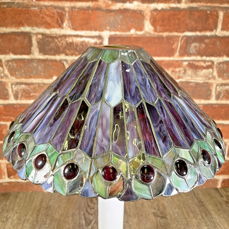 Abajur Meyda Tiffany estilo joia pavão vidro abajur 12" roxo verde - Imagem 3 de 4