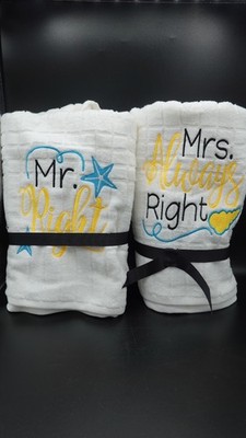 Custom Wedding Towels Mr. Mrs. Right Funny Engagement White Brand New