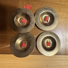 2 Sets of Vintage Brass Hand Cymbals w/ Red Yarn Handle 3.5" Musical Instrument