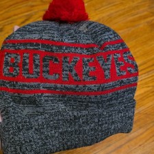 Ohio State Buckeyes Knit Pom Beanie Hat Gray Red Black "BUCKEYES" Text