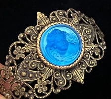 Art Nouveau Bracelet Blue Goddess High Relief Cameo Wide Filigree Cuff