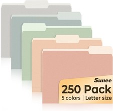 SUNEE 250 Pastel File Folders, Letter Size 1/3-Cut Tabs