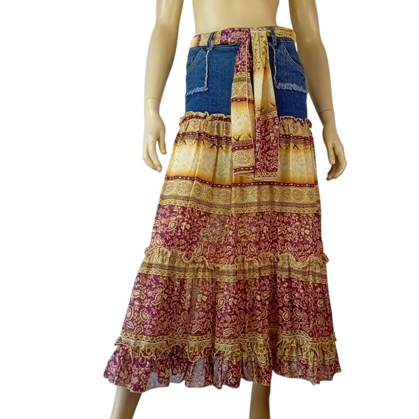 COVER GIRL ladies size 8 skirt blue denim top yellow tiered sheer bottom boho