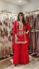 New Launching Red Faux Georgette Top Palazzo With Dupatta For Reception Wear