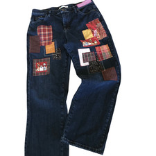 Upcycled Patchwork Jeans, Boho Distressed Denim Dogs Puppies Theme 12 Short
