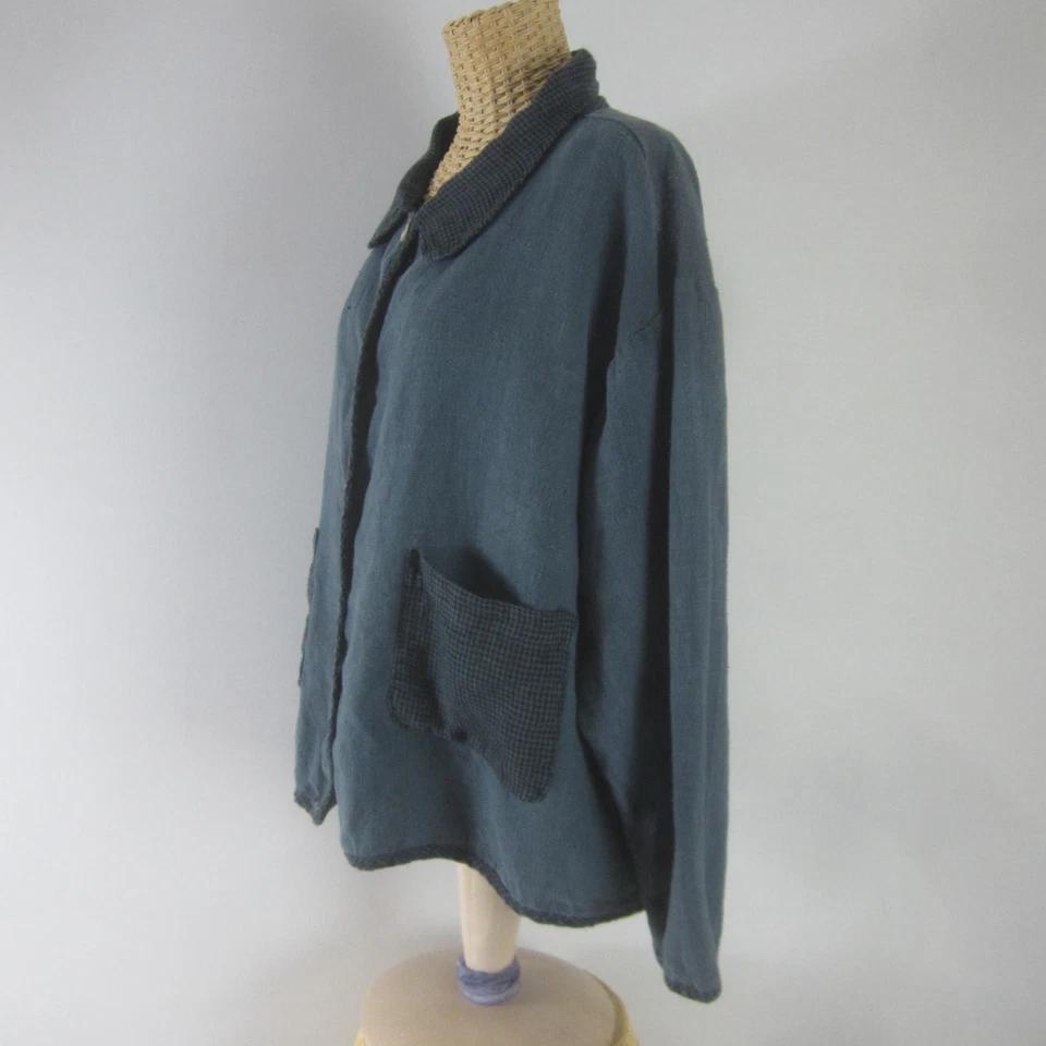 Bryn Walker Womens L Heavy Linen Jacket Steel Blue Herringbone Trim Pockets USA - Image 3 of 4