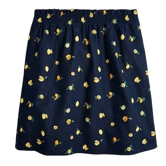 NWT J. Crew Women's Linen Lemon Print Scalloped Mini Skirt Elastic Waist Blue 0