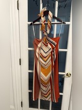 BANANA REPUBLIC Women's Orange & White Chevron Print Twist Neck Midi Dress NEW