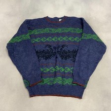 Vintage Abstract Knitted Jumper Patterned Grandad Knit Sweater Men's M