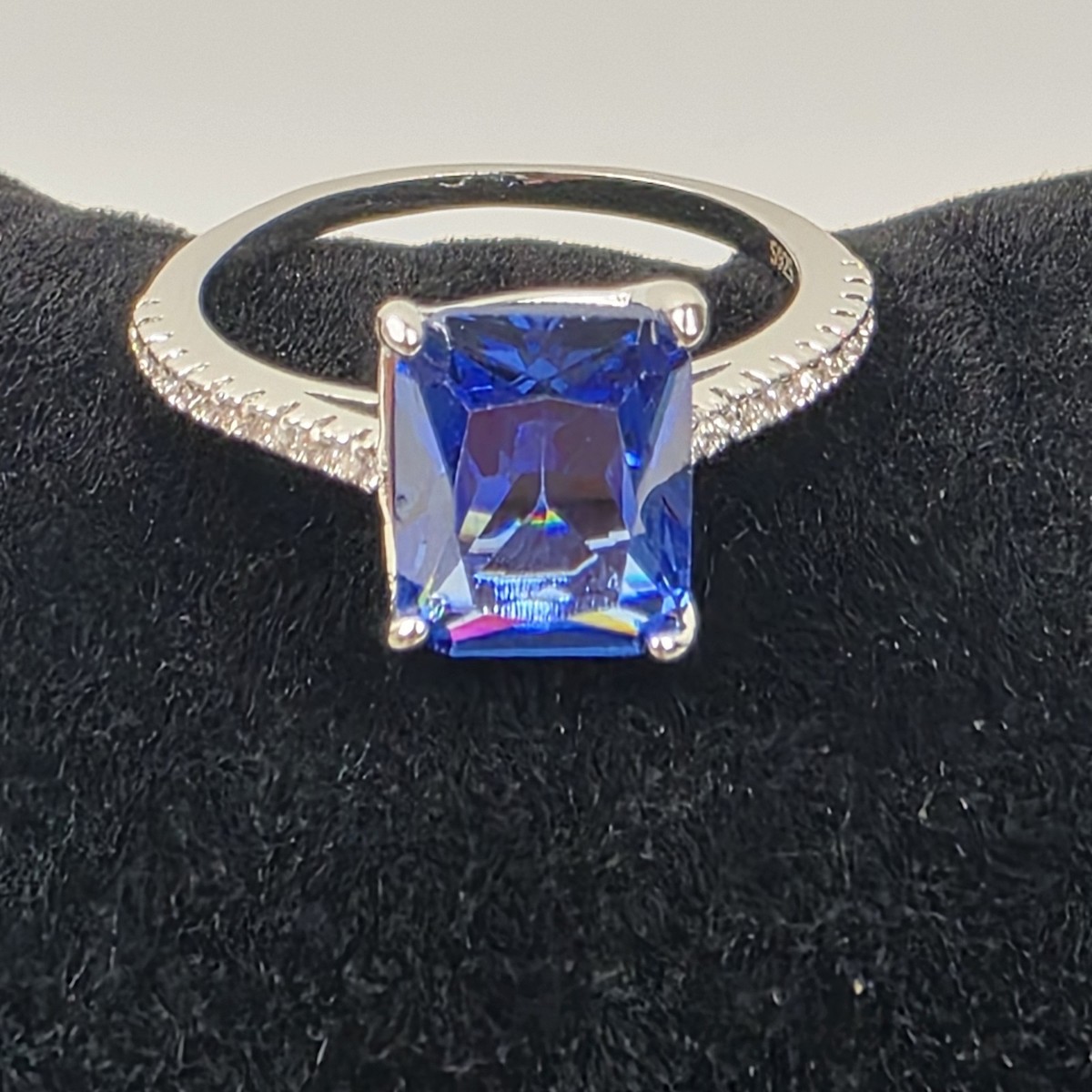 S925 Silver Emerald-Cut Sapphire Blue Moissanite Ring Size 8 Cubic 
