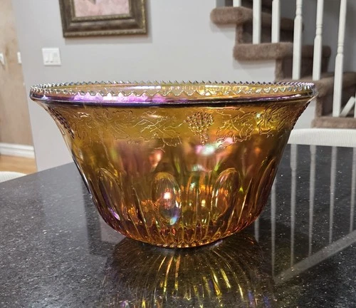 Indiana Carnival Glass Iridescent Amber Gold Grape Harvest 7QT Punch Bowl Vtg