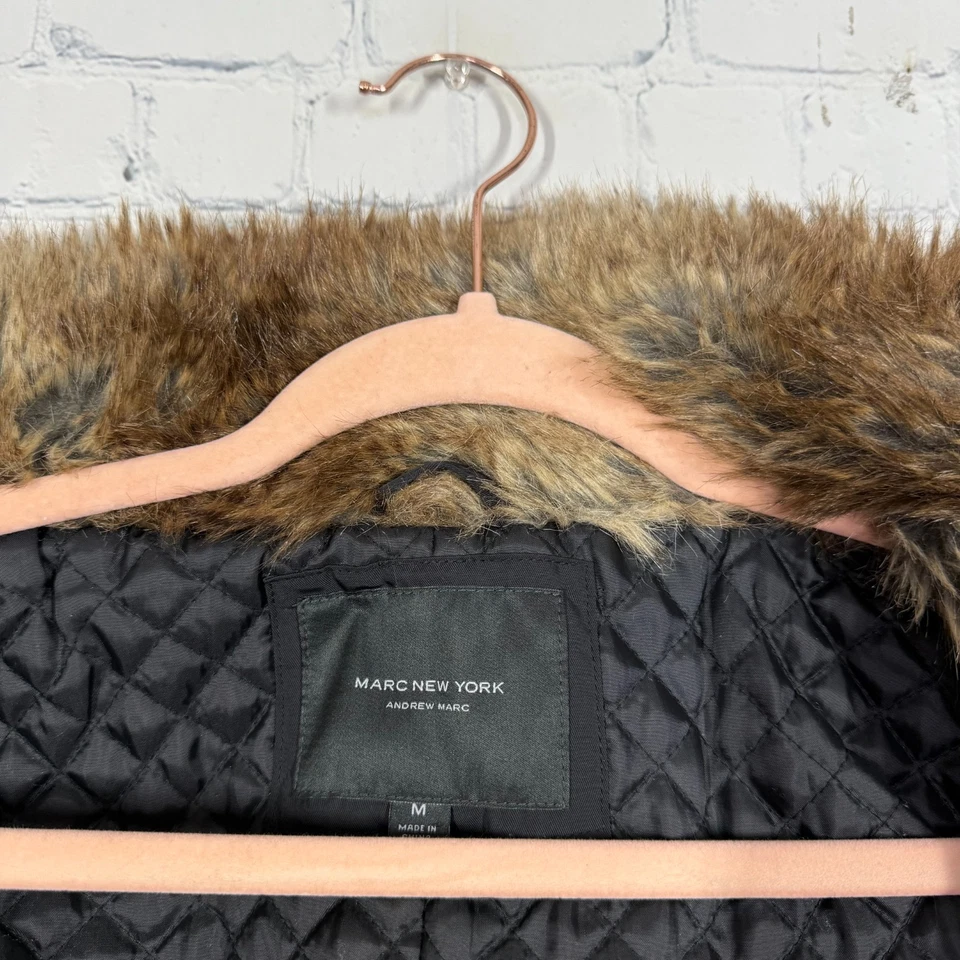 Chaqueta Larga Marc New York Mujer Mediana Negra Imitación Piel Capucha Puffer Abrigo Acolchado Foto 3 de 4