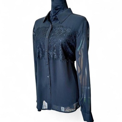 Y2K Flowy Black Sheer Blouse   Minimalist Lace Overlay XL