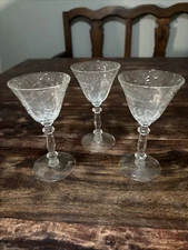 3 Clear Liquor Cocktail Glasses Stem- Floral Etching 5 3/8"