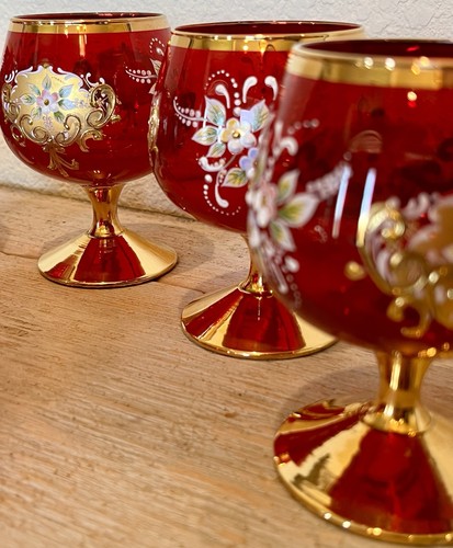 5 Venetian Murano Tre Fuochi Ruby Red 24k Gold Gilted Glass Snifters Lidded Dish - Picture 13 of 22