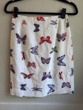 Talbots Petites - White Multicolor Butterfly 100 Linen Knee Length Skirt - 6