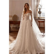 White Off the Shoulder Wedding Dress Long Sleeves Lace Train A-Line Evening Gown