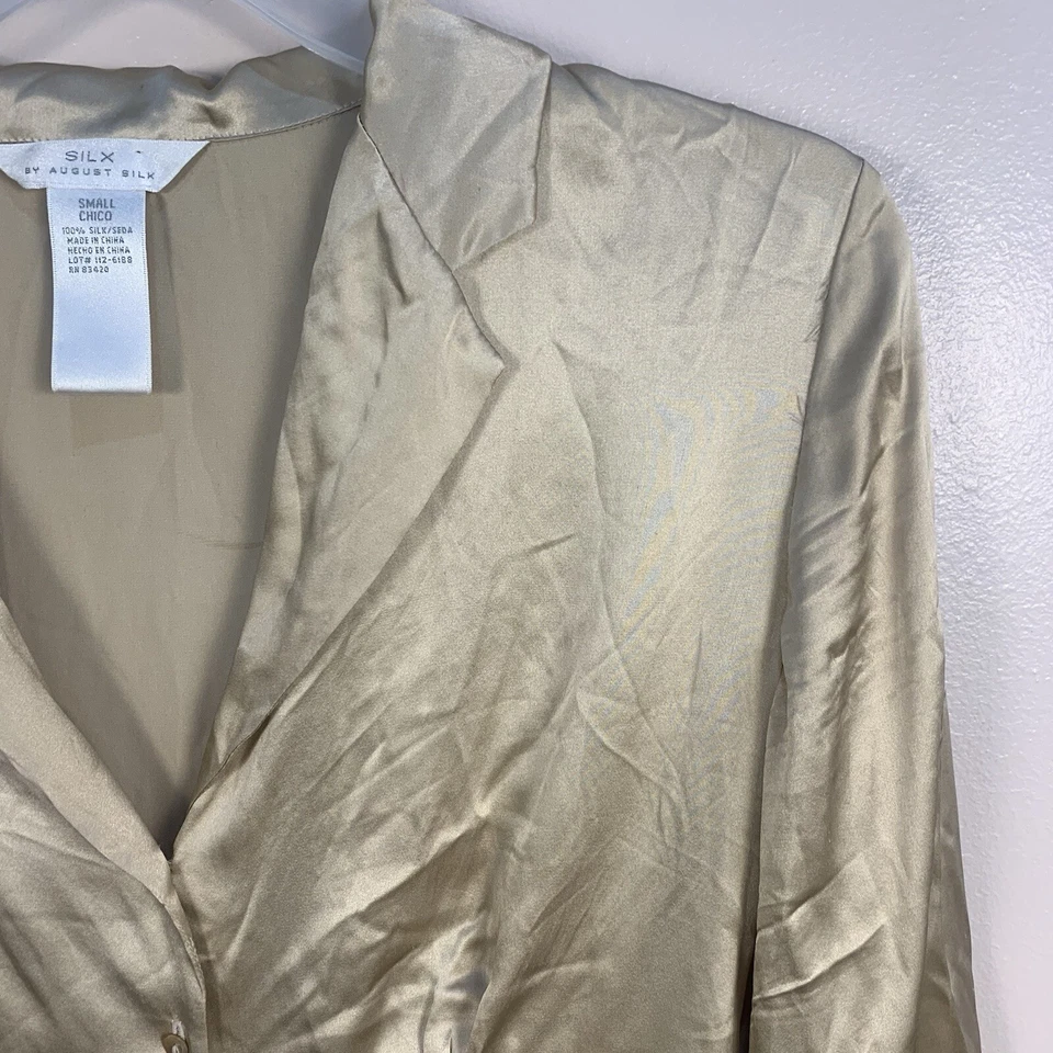 Blusa Silx August Seda Manga Larga Botón Frontal Brillante Dorada Talla S Corbata Foto 3 de 4