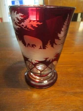 RUBY RED CUT TO CLEAR Bohemian ETCHED Forest & Stag vase or GLASS 5'' TALL rare