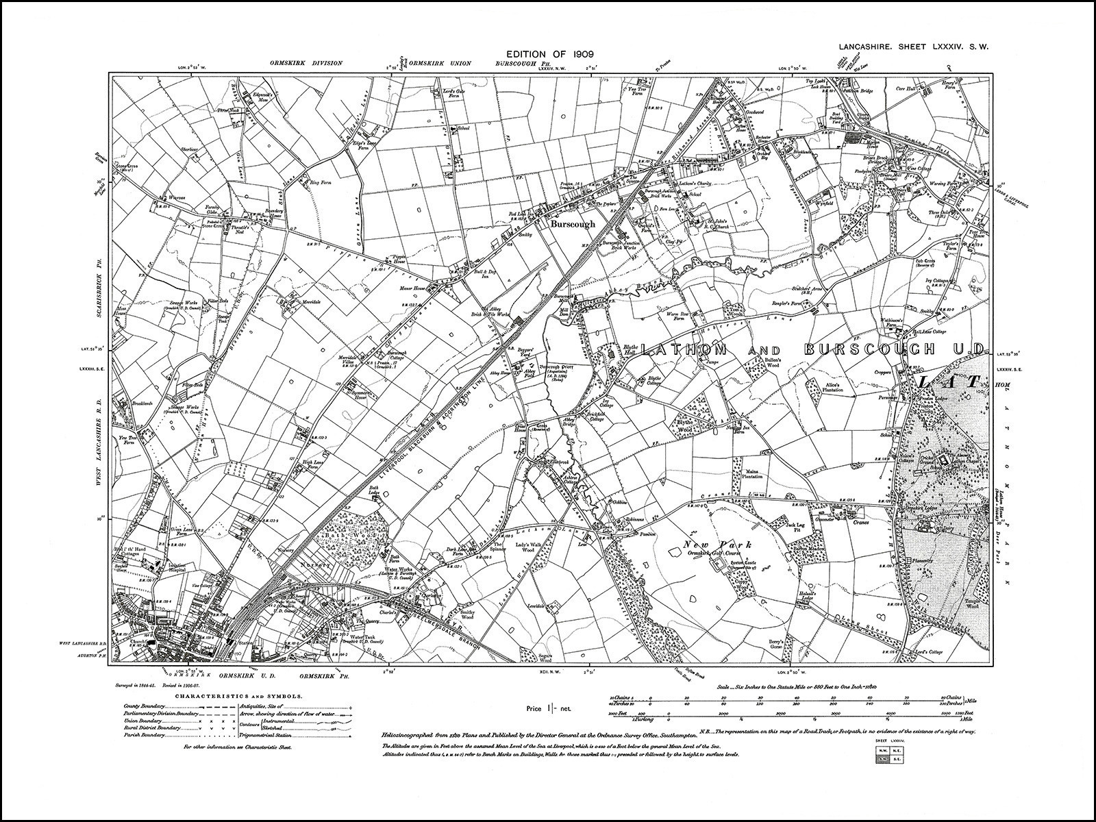 Old map of Ormskirk (N), Burscough, Lancashire 1909 84SW repro eBay