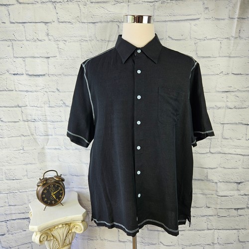 NWT Nat Nast Mens Black Silk/Linen Short Sleeve Button Up Camp Bowling Shirt