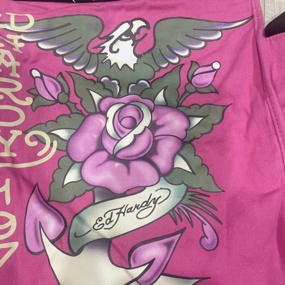 Vintage Don Ed Hardy Floral Rose Graphic Canvas Shoulder Tote Bag Purse Woman’s - Image 2 of 4