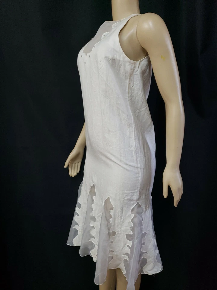 Oscar & Me 象牙色奶油珠亚麻混纺女式复古连衣裙 7-8 无袖 #W2 — 第 2/4 张图片