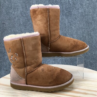 UGG Boots Womens 7 Winter Shearling Brown Leather Sheepskin Rhinestone 10094827