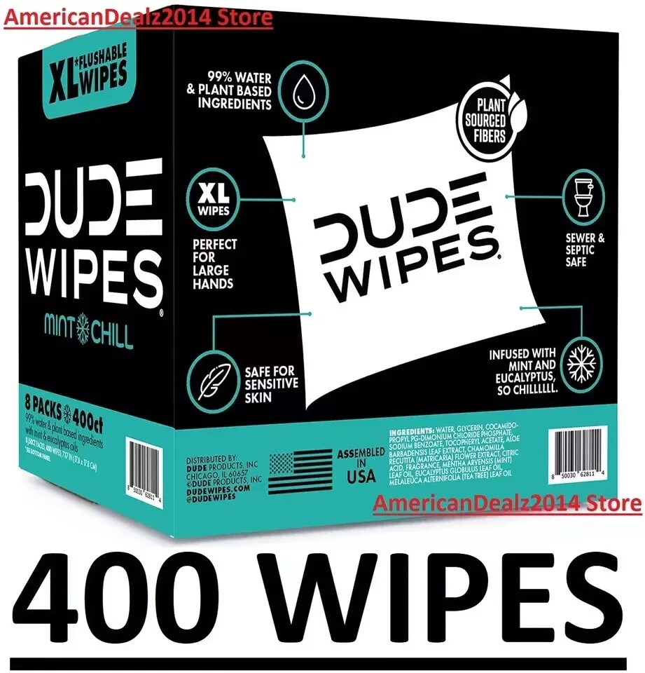 DUDE XL Flushable Mint Chill Wipes 400ct Plant-Based Extra Large