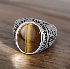 Tiger Eye Oval Cut Gemstone With 925 Sterling Silver Ring For Men's A267