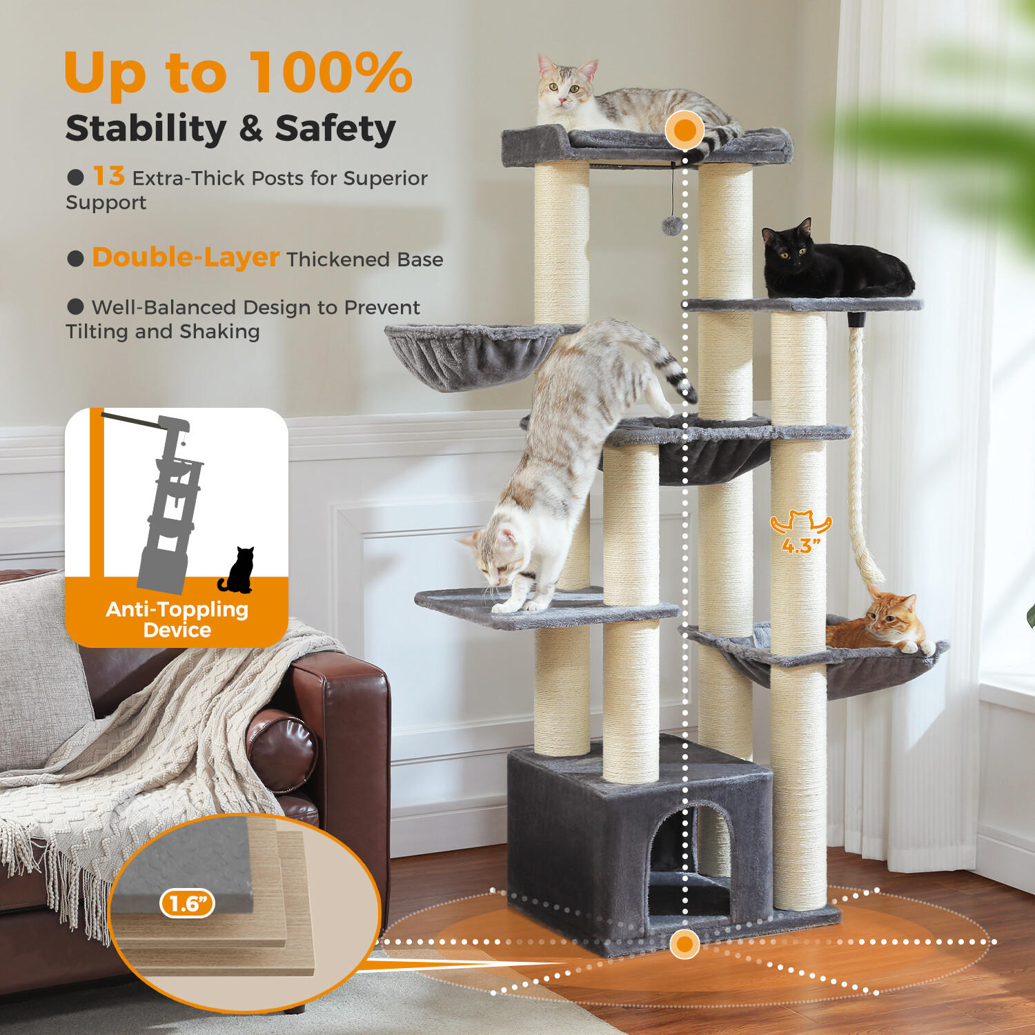 PAWZ Road Kratzbaum XXL Große Katzen 170 cm Katzenbaum 11cm Stämme Maine Coon 